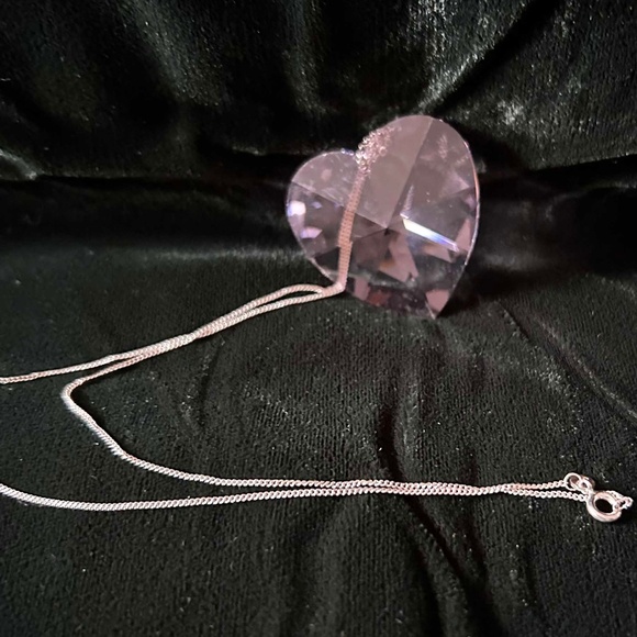CRYSTAL HEART NECKLACE, PINK, LARGE, STERLING SILVER CHAIN, 19 INCHES, HOLT RENF - Picture 1 of 3